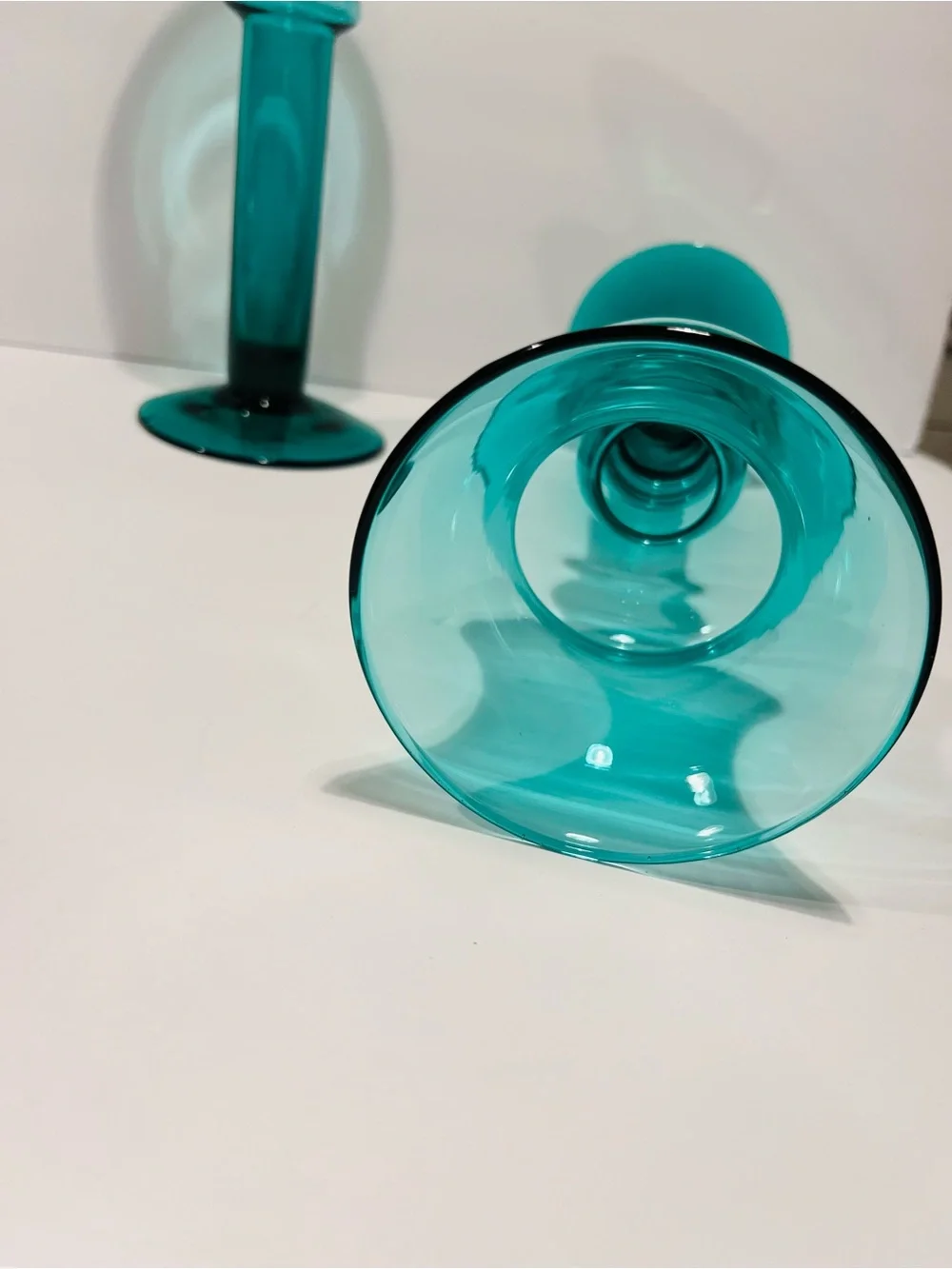 Vintage Emerald Green Handblown Glass Set of 2 Candle Holders 11”